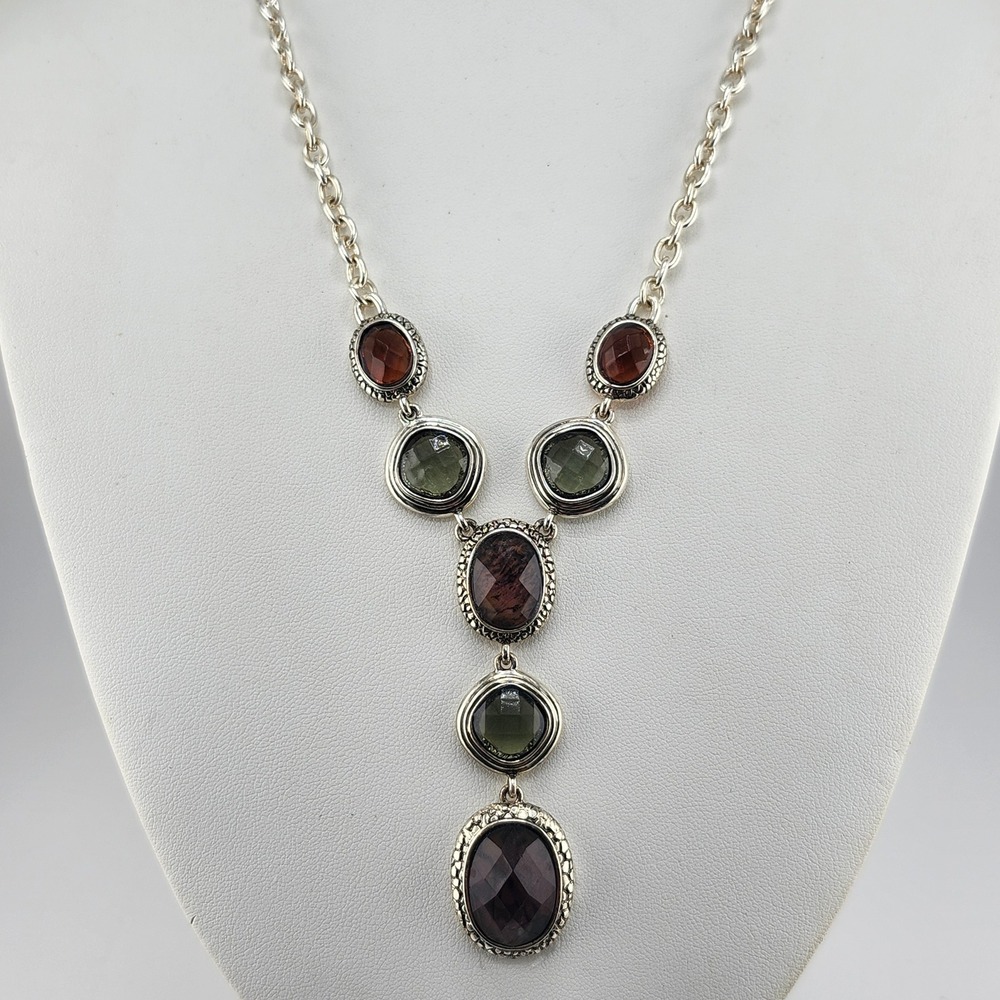 Silver Tone Y Necklace with Multicolor Faceted‎ Oval Stones